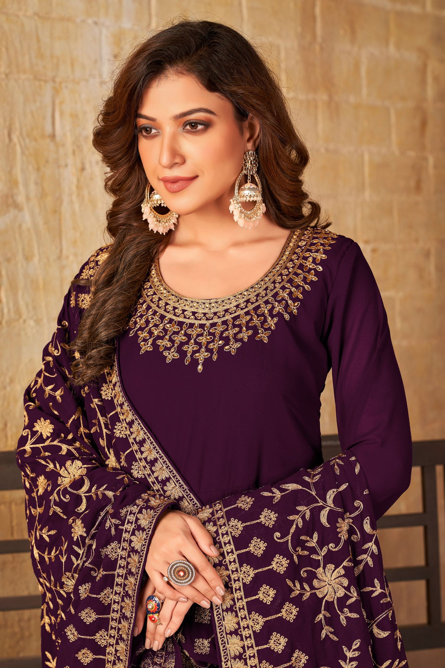 Purple Heavy Georgette Embroidery Worked Wedding & Festival Wear Anarkali Gown