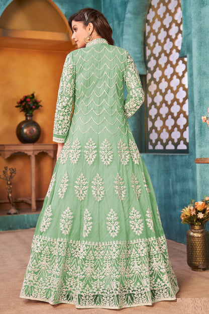 Pista Green Colored Silt Style Salwar Suits In Net With Dupatta, Indian Wedding &Function Wear Salwar Kameez - Marriott Fashion