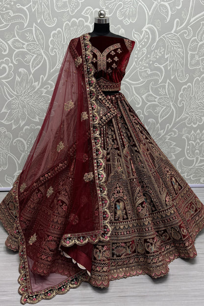 Cherry Red Heavy Velvet Thread& Diamond Worked Indian Wedding Wear Lehenga Choli