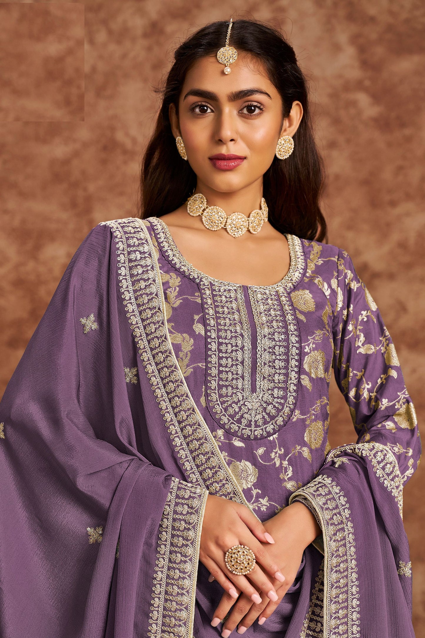 Purple Heavy Dola Silk Jacquard Embroidery Worked Festival Wear Salwar Kameez