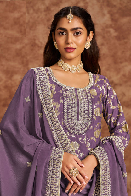 Purple Heavy Dola Silk Jacquard Embroidery Worked Festival Wear Salwar Kameez