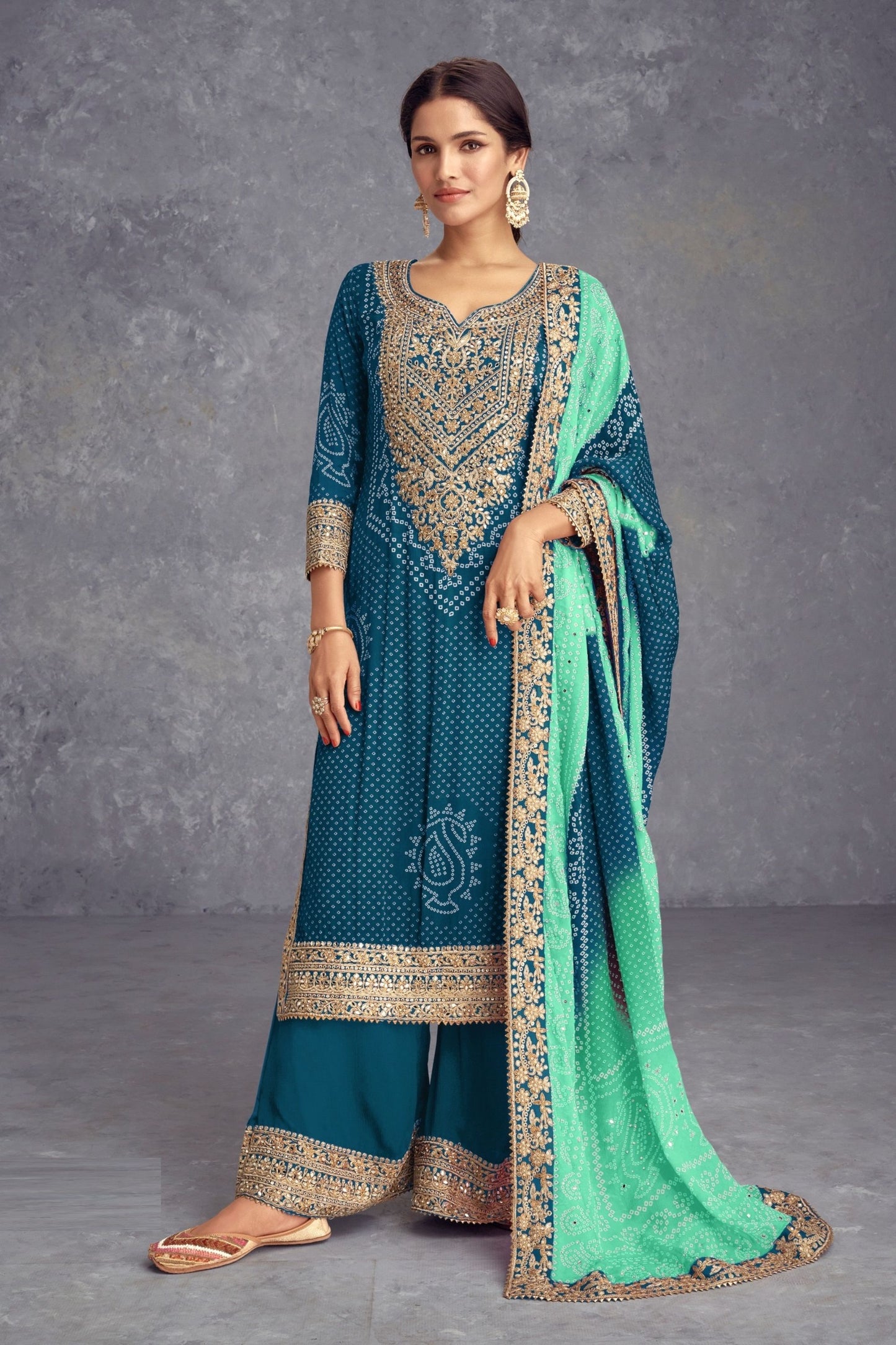 Designer Bandhej Printed Heavy Chinon Silk Salwar Kameez With Designer Palazzo & Embroidery Worked DupattaMost Beautiful Digital Printed Heavy Chinon Sharara Suit With Butterfly Net Dupatta, Indian Festival Wear Ready Made Salwar Suits For Women - Marriott Fashion