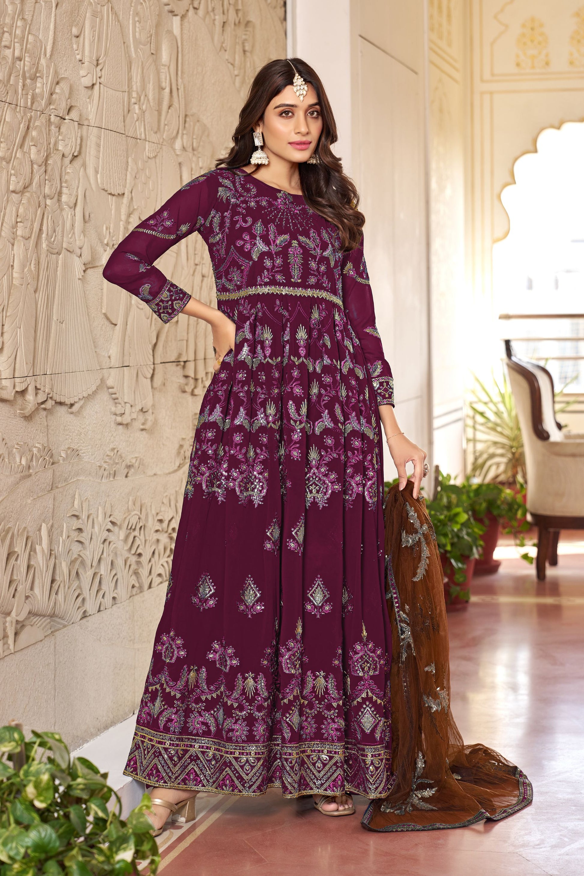 Purple Colored Heavy Georgette Long Salwar Kameez With Soft Net Dupatta - Marriott Fashion