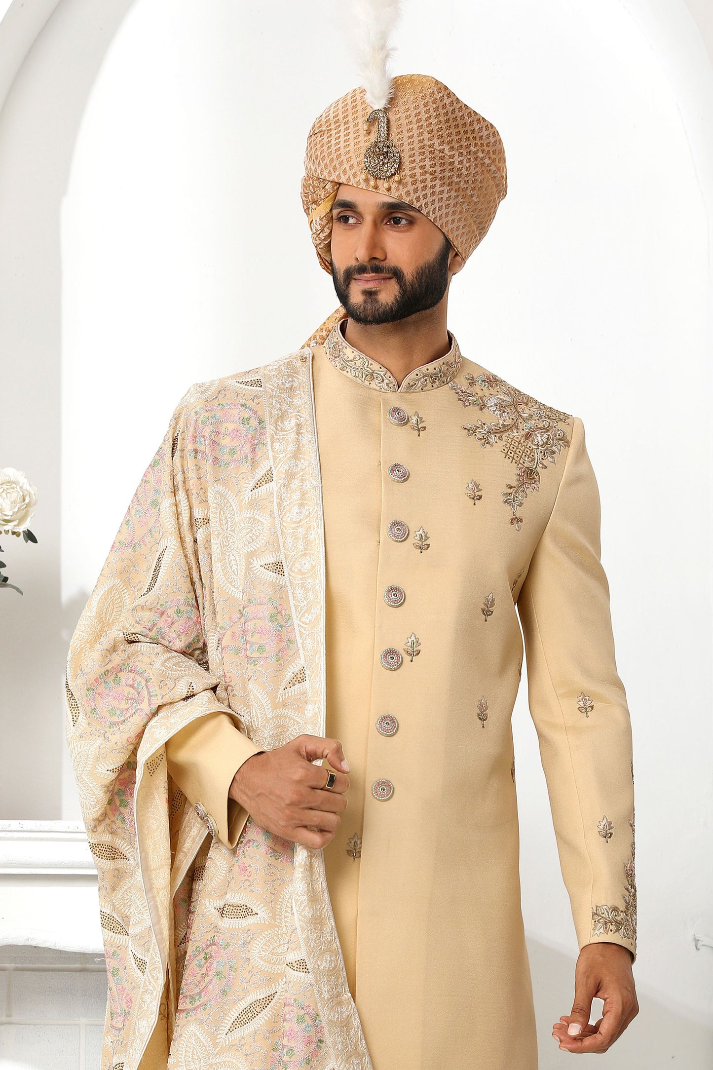 Designer Cream Heavy Art Silk Embroidery Worked Wedding & Festival Wear Sherwani