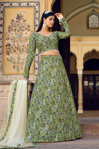 Green Crushed Silk Wedding Function Wear Printed Lehenga Choli