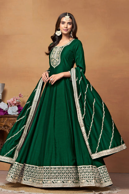 Green Colored Heavy Silk Salwar Kameez With Embroidered Dupatta, Festival & Wedding Wear Long Dresses - Marriott Fashion