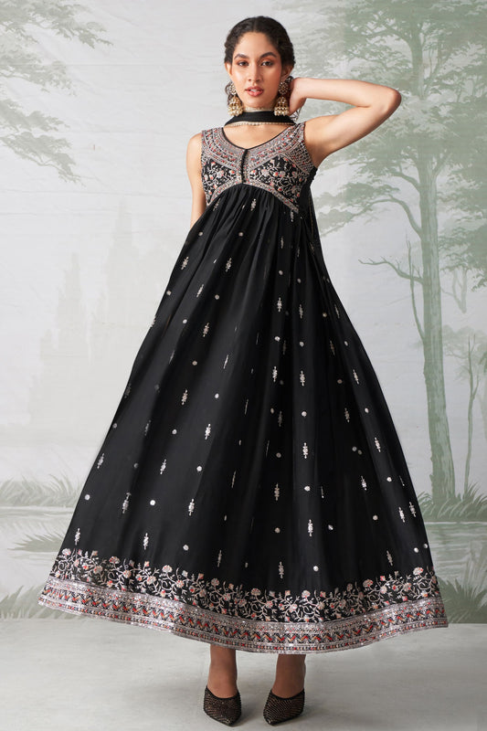 Black Long Rangoli Georgette Anarkali Gown Suits With Embroidery Worked Net Dupatta, Fancy Outfit Wear Attractive salwar Kameez - Marriott Fashion