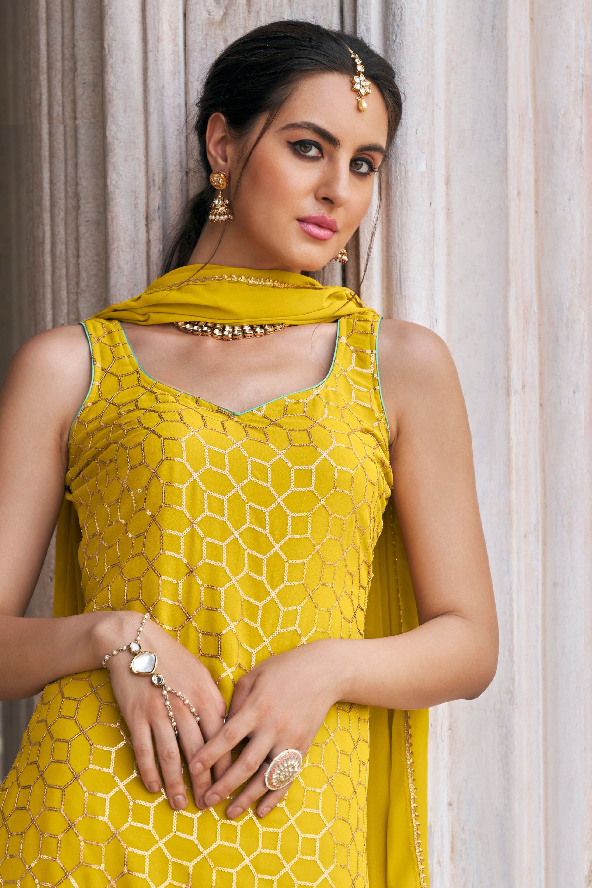 Yellow Fancy Designer Ready Made Outfit Wear Faux Georgette Sharara Suits With Designer Dupatta , Festival Wear Fancy Dresses For Women/ Girls - Marriott Fashion