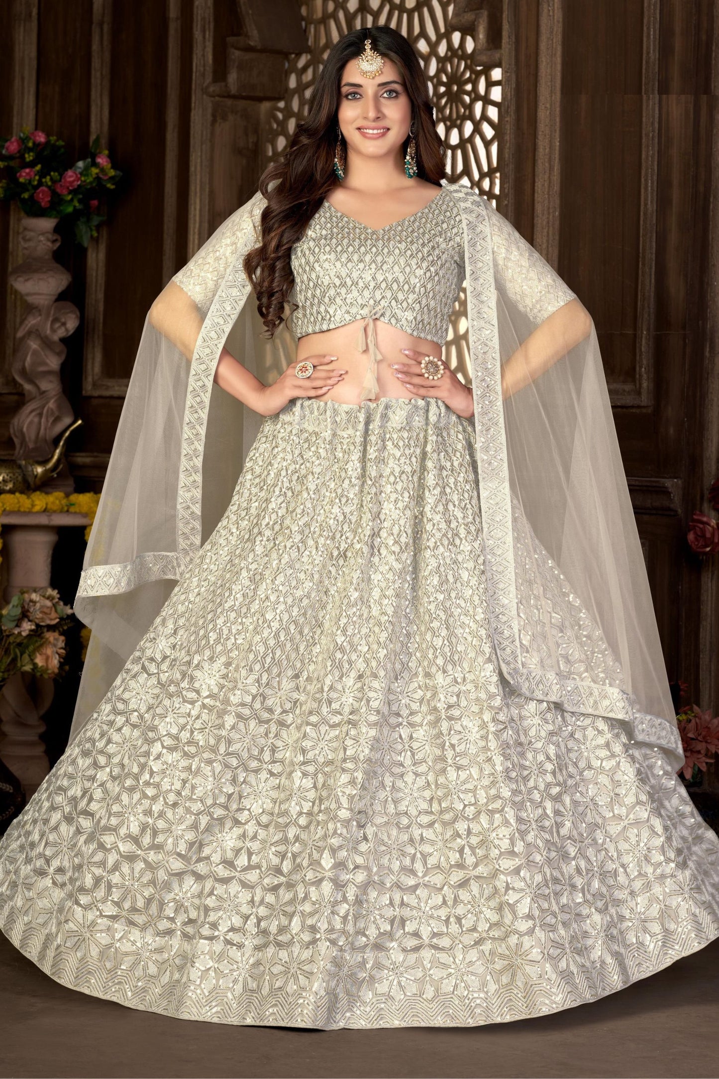 Cream Heavy Net Sequence Worked Wedding & Function Wear Lehenga Choli