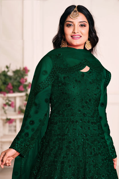 Attractive Green Heavy Net Embroidery Worked Wedding & Festival Wear Anarkali Gown