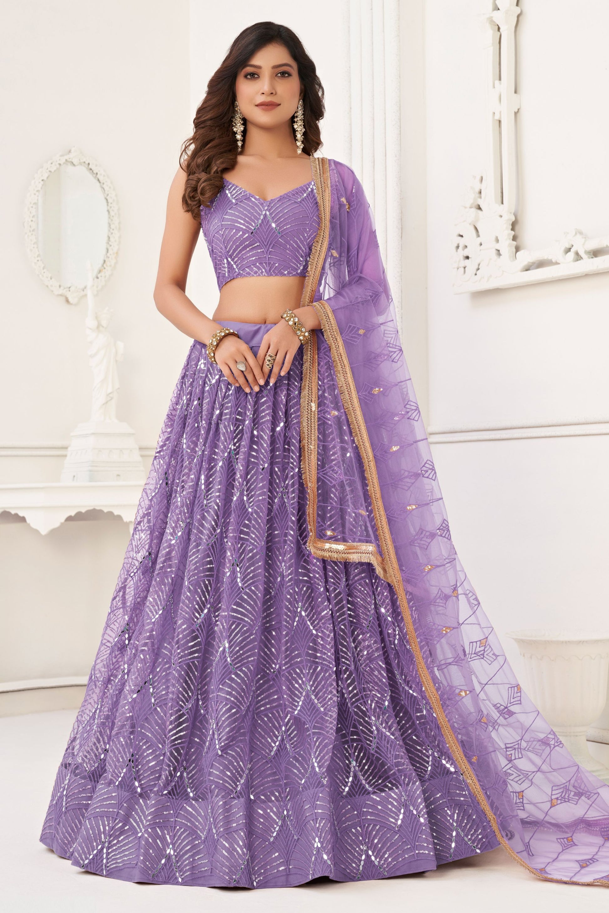 Lavender Colored Heavy Butterfly Net Lehenga Choli With Dupatta, Wedding Function Wear Embroidery Worked Lehenga Choli - Marriott Fashion