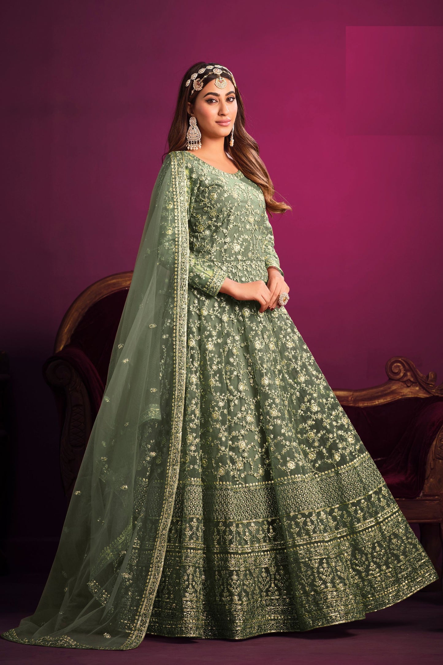 Mint Green Beautiful Long Salwar Suit In Heavy Net With Dupatta, Ready To Wear Outfit Anarkali Gown - Marriott Fashion