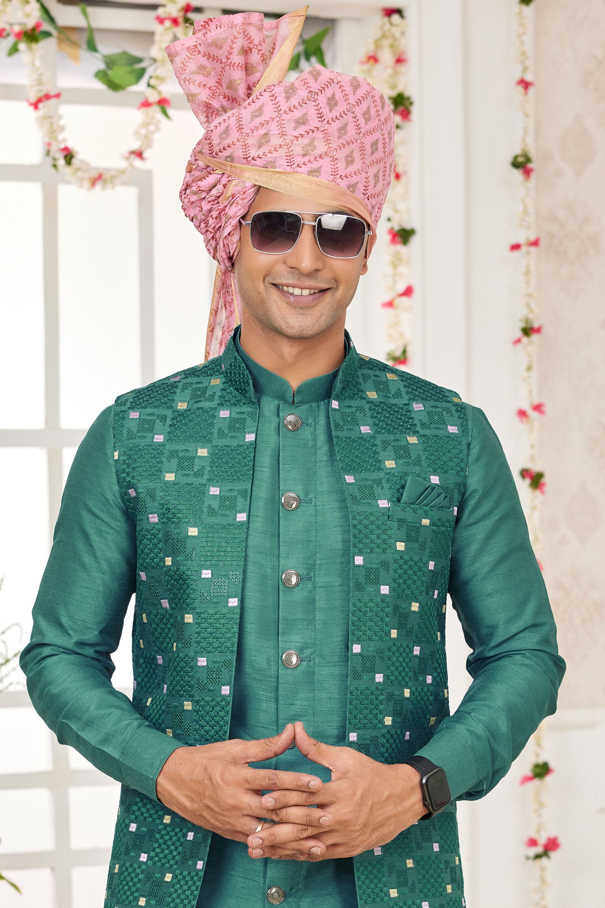 Men’s Wear Art Silk Kurta Pajama Set With Printed Worked Jacket , Wedding & Function Wear Ready Made Kurta Pajama - Marriott Fashion