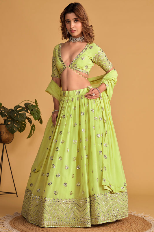 Lime Green Colored Heavy Georgette Fancy Lehenga Choli With Designer Dupatta - Marriott Fashion