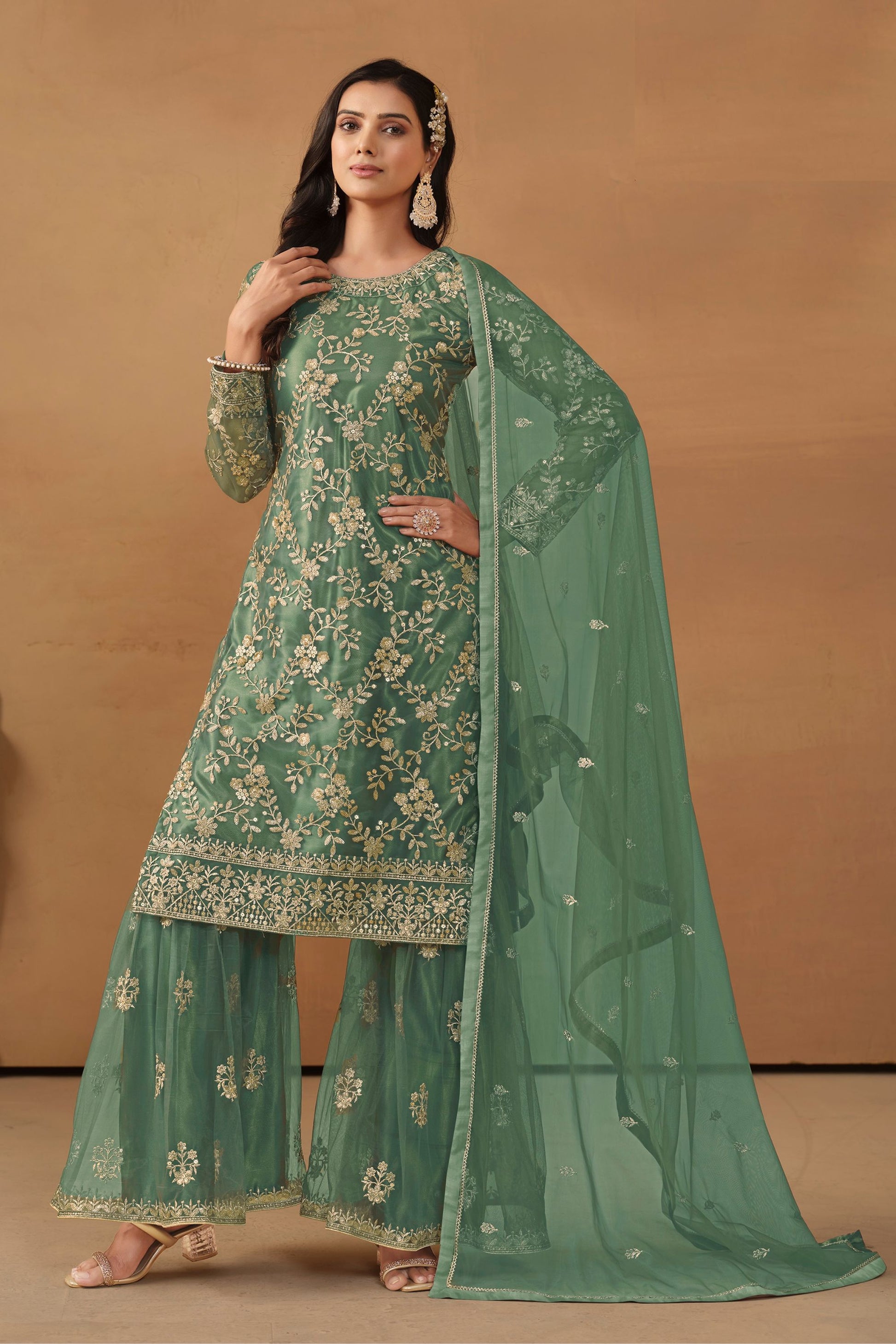 Pista Green Colored Heavy Net Sharara Suit With Beautiful Dupatta, Pakistani Outfit - Marriott Fashion