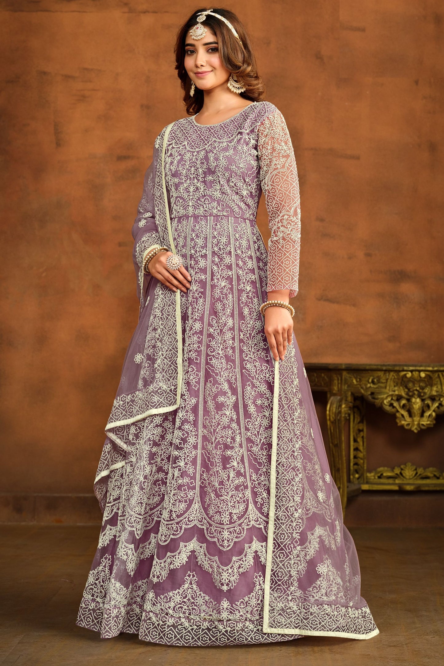 Purple Heavy Net Embroidery Worked Wedding & Function Wear Anarkali Gown