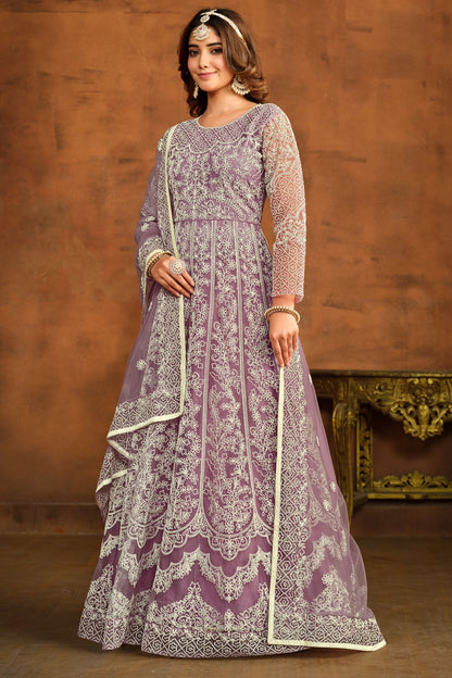 Purple Heavy Net Embroidery Worked Wedding & Function Wear Anarkali Gown