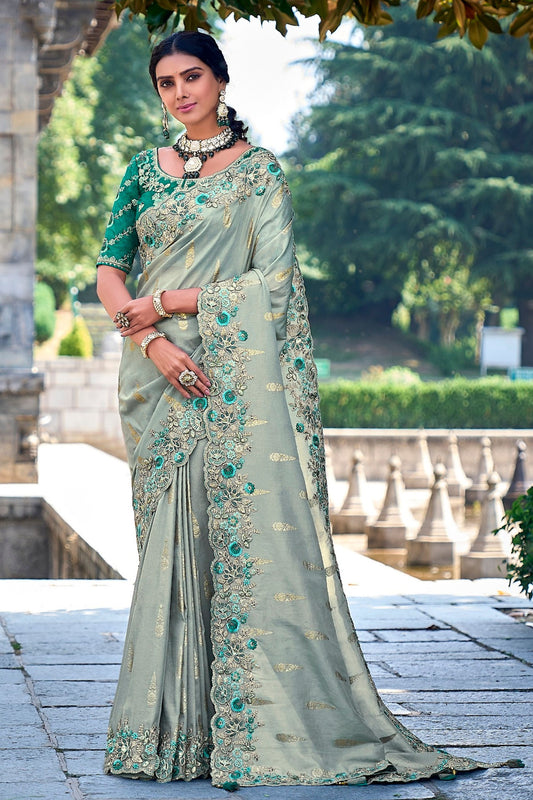 Attractive sea Green Gorgeous Saree Heavy Silk With Embroidery & Heavy Diamond Worked Blouse Piece - Marriott Fashion