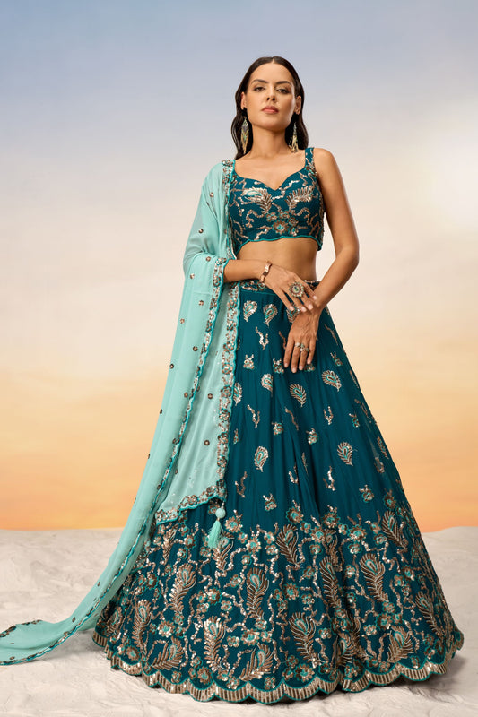 Teal Heavy Georgette Sequence Worked Wedding And Function Wear Lehenga Choli