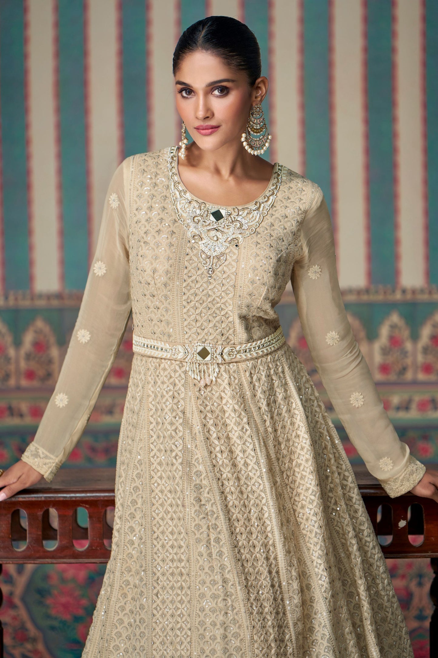 Cream Real Georgette Heavy Sequence Worked Indian Wedding & Festival Wear Anarkali Gown