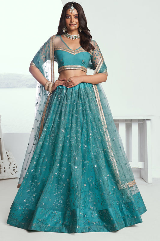 Wonderful Rama Green Colored Heavy Net Lehenga, Un Stitched Blouse Piece And Designer Dupatta, Wedding Collection Wear Bollywood Style Lehenga Choli - Marriott Fashion