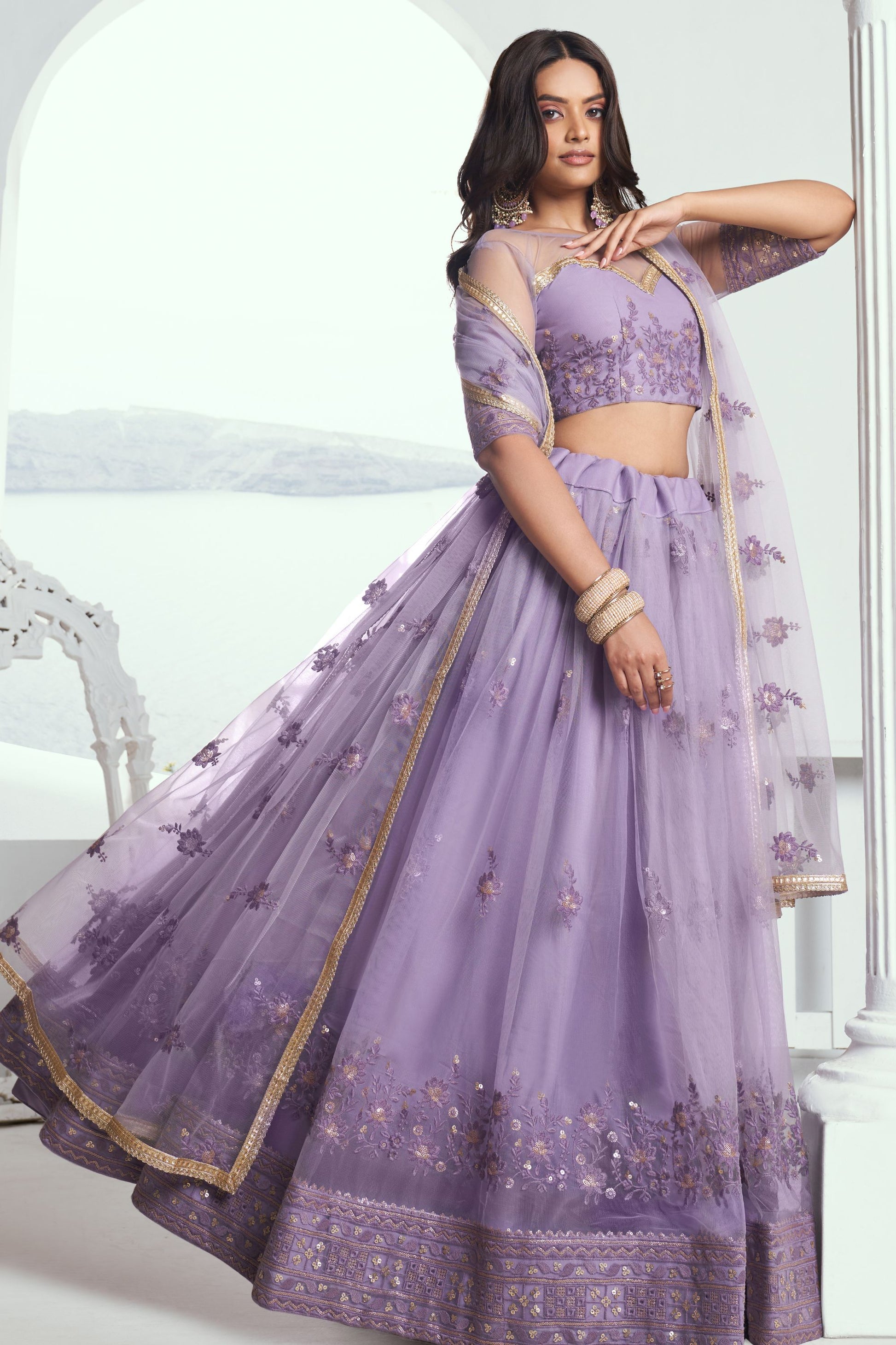 Engagement Outfit Wear Lavender Colored Heavy Net Lehenga , Embroidered Blouse Piece And Designer Dupatta - Marriott Fashion