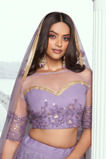 Engagement Outfit Wear Lavender Colored Heavy Net Lehenga , Embroidered Blouse Piece And Designer Dupatta - Marriott Fashion