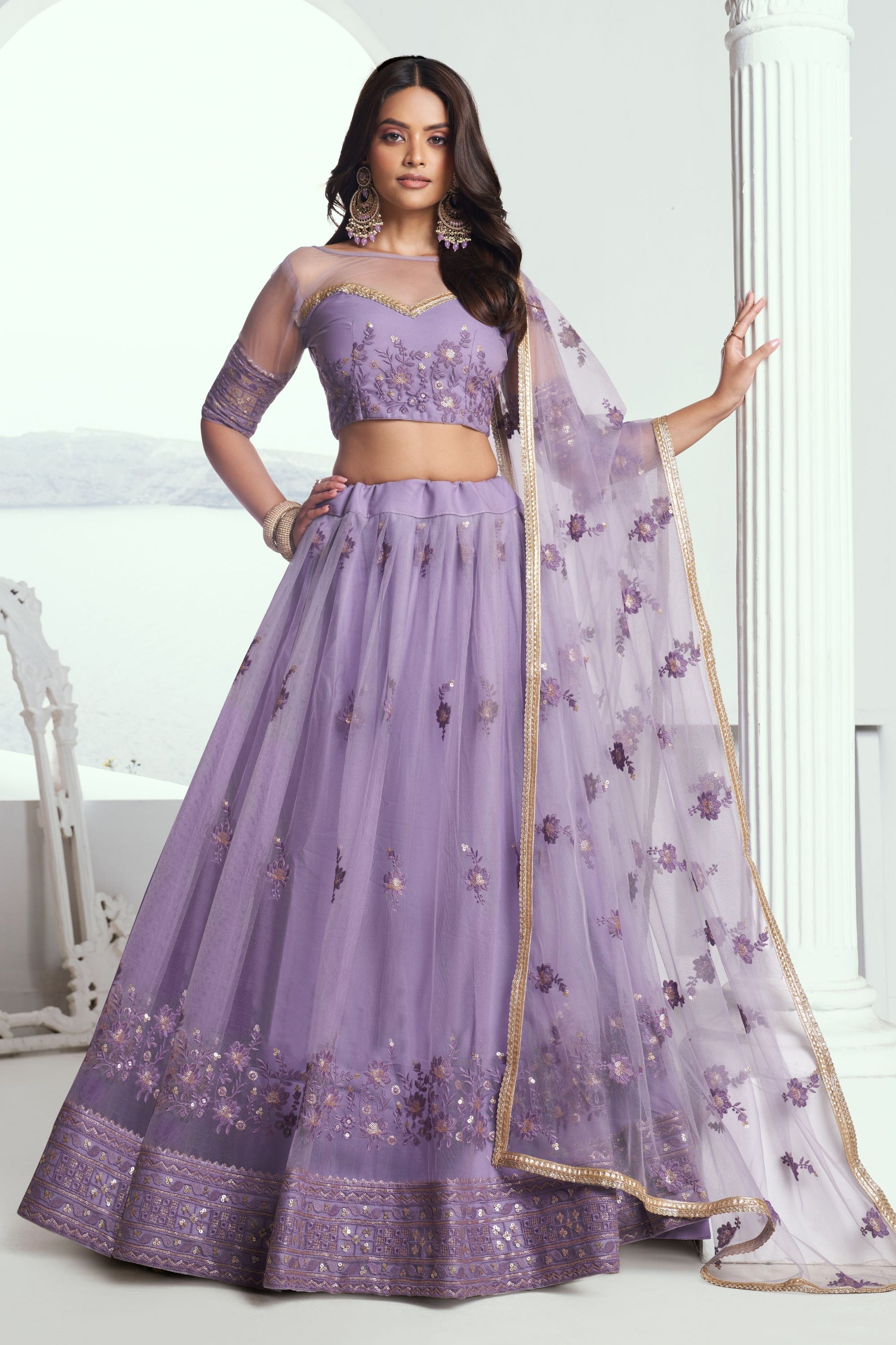 Engagement Outfit Wear Lavender Colored Heavy Net Lehenga , Embroidered Blouse Piece And Designer Dupatta - Marriott Fashion