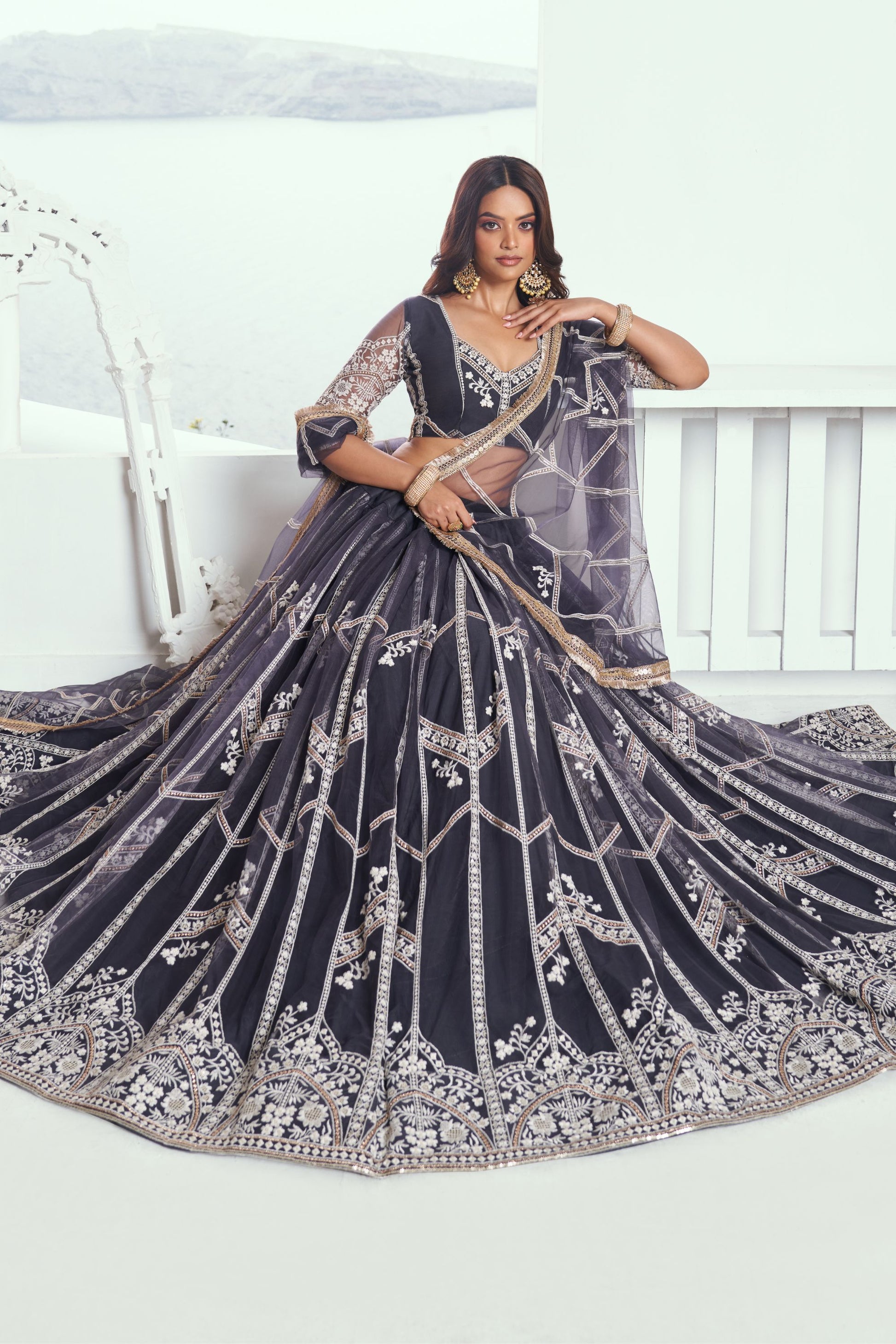 Dark Grey Wonderful Wedding Outfit Wear Fancy Net Lehenga , Embroidered Blouse Piece And Designer Dupatta With Ready To Wear Lehenga Choli - Marriott Fashion