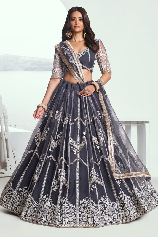 Dark Grey Wonderful Wedding Outfit Wear Fancy Net Lehenga , Embroidered Blouse Piece And Designer Dupatta With Ready To Wear Lehenga Choli - Marriott Fashion