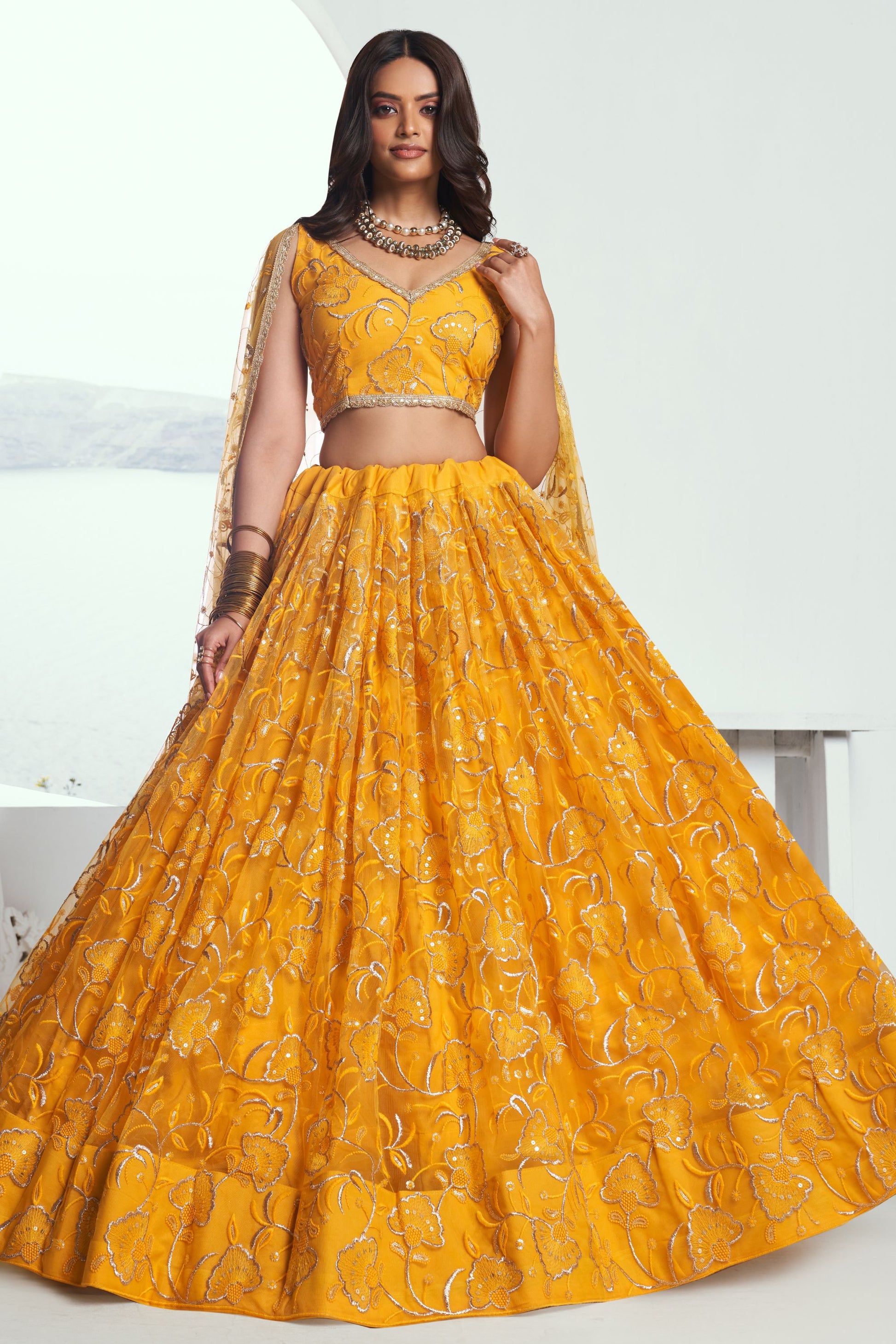 Traditional Yellow Colored Heavy Net Lehenga Choli With Designer Dupatta, Wedding Function Wear Lehenga Choli For Women - Marriott Fashion