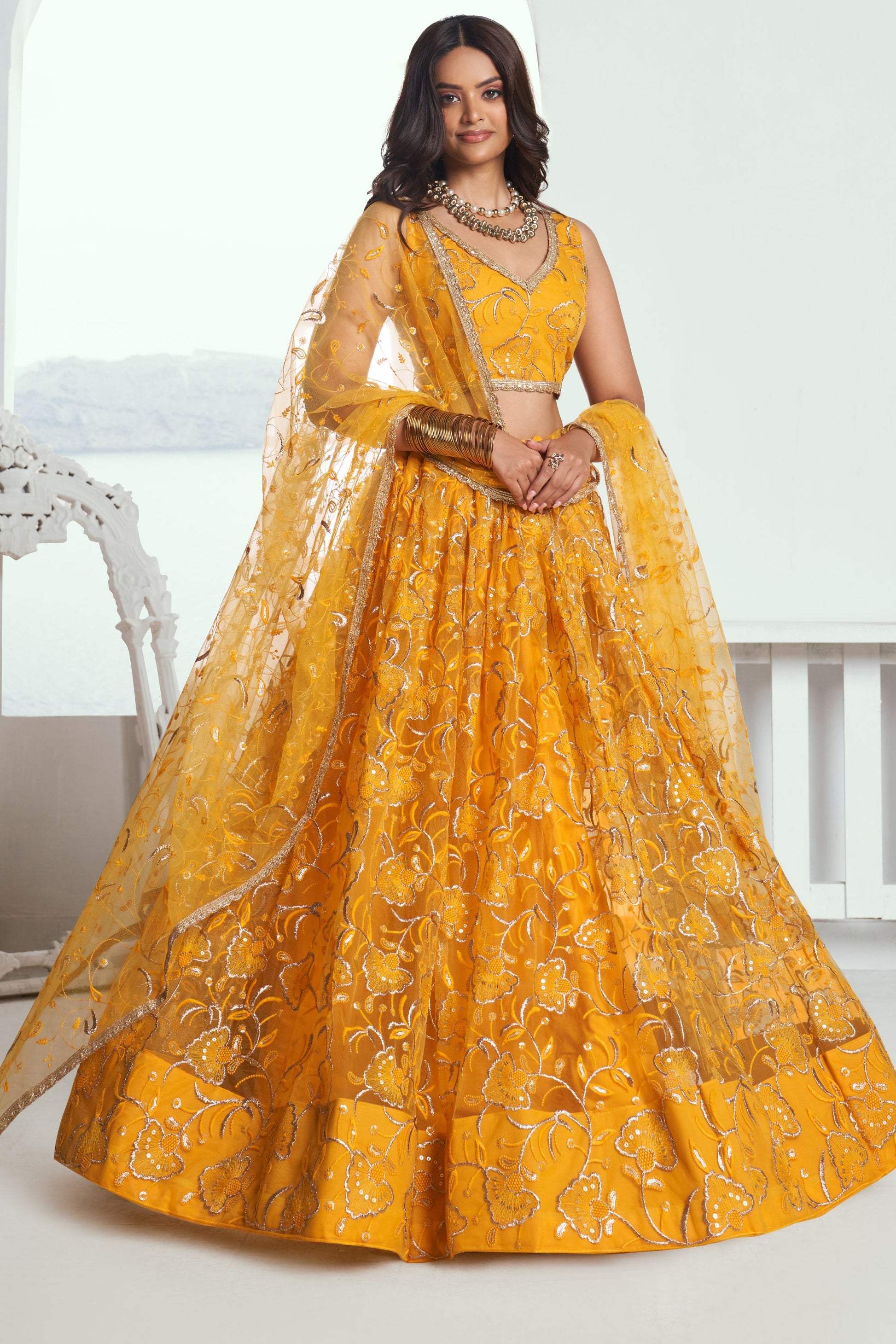 Traditional Yellow Colored Heavy Net Lehenga Choli With Designer Dupatta, Wedding Function Wear Lehenga Choli For Women - Marriott Fashion