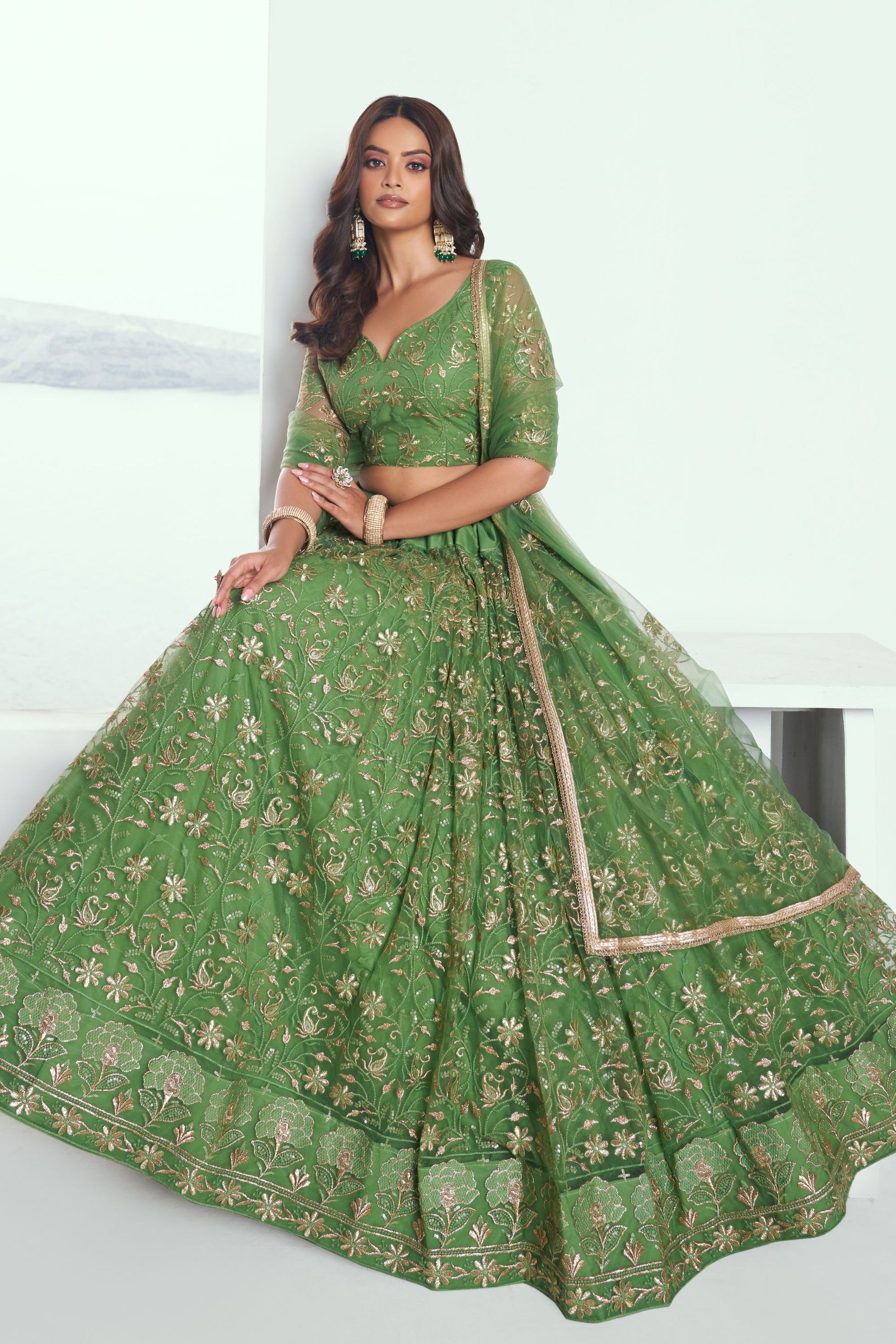 Wonderful Pista Green Heavy Net Lehenga , Embroidered Blouse Piece And Designer Dupatta , Ready To Wear Lehenga Choli - Marriott Fashion