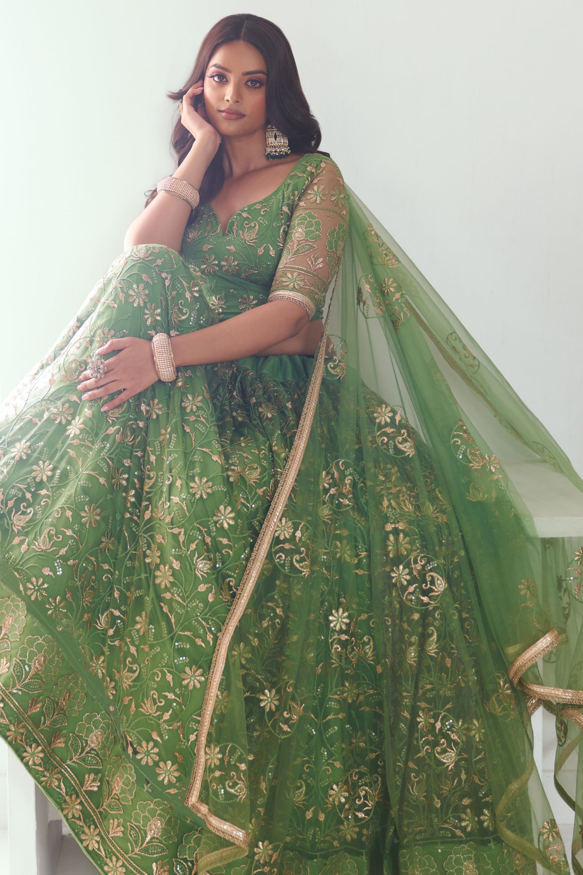 Wonderful Pista Green Heavy Net Lehenga , Embroidered Blouse Piece And Designer Dupatta , Ready To Wear Lehenga Choli - Marriott Fashion