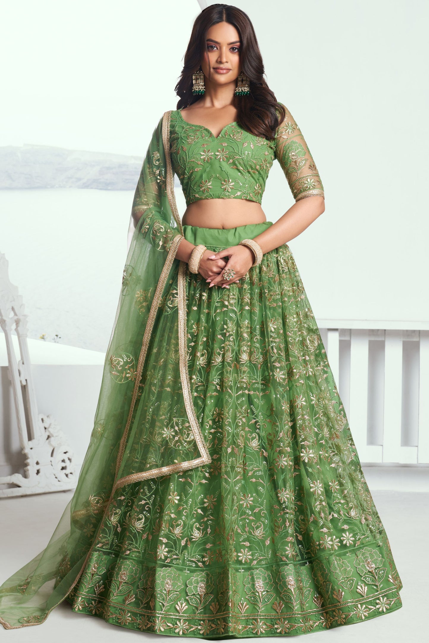 Wonderful Pista Green Heavy Net Lehenga , Embroidered Blouse Piece And Designer Dupatta , Ready To Wear Lehenga Choli - Marriott Fashion