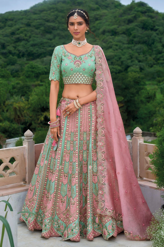 Green Colored Most Beautiful Heavy Silk Lehenga Choli With Embroidery Worked Dupatta - Marriott Fashion