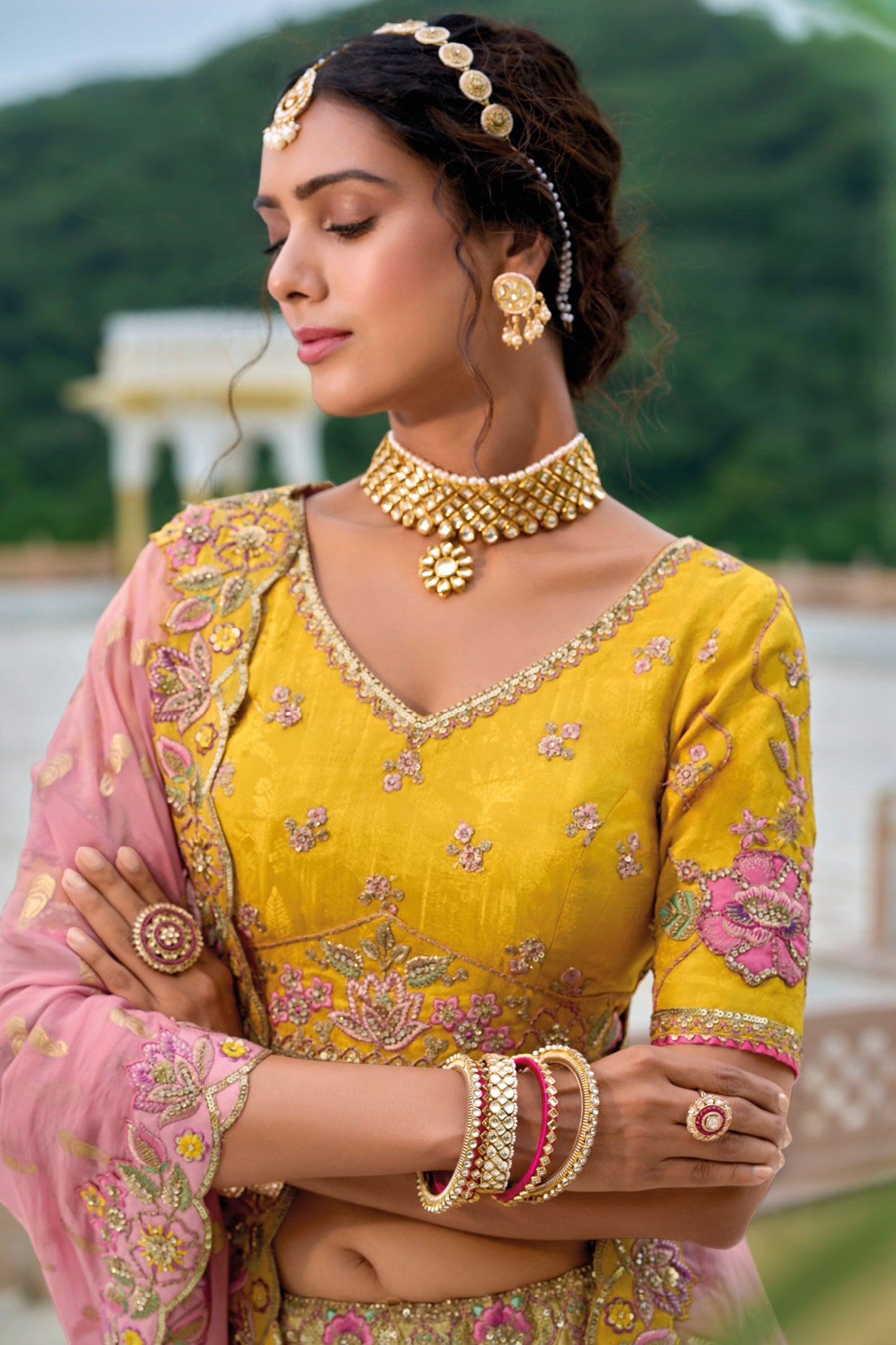 Yellow Colored Heavy Silk Lehenga, Un Stitched Blouse Piece With Pink Colored net Dupatta - Marriott Fashion