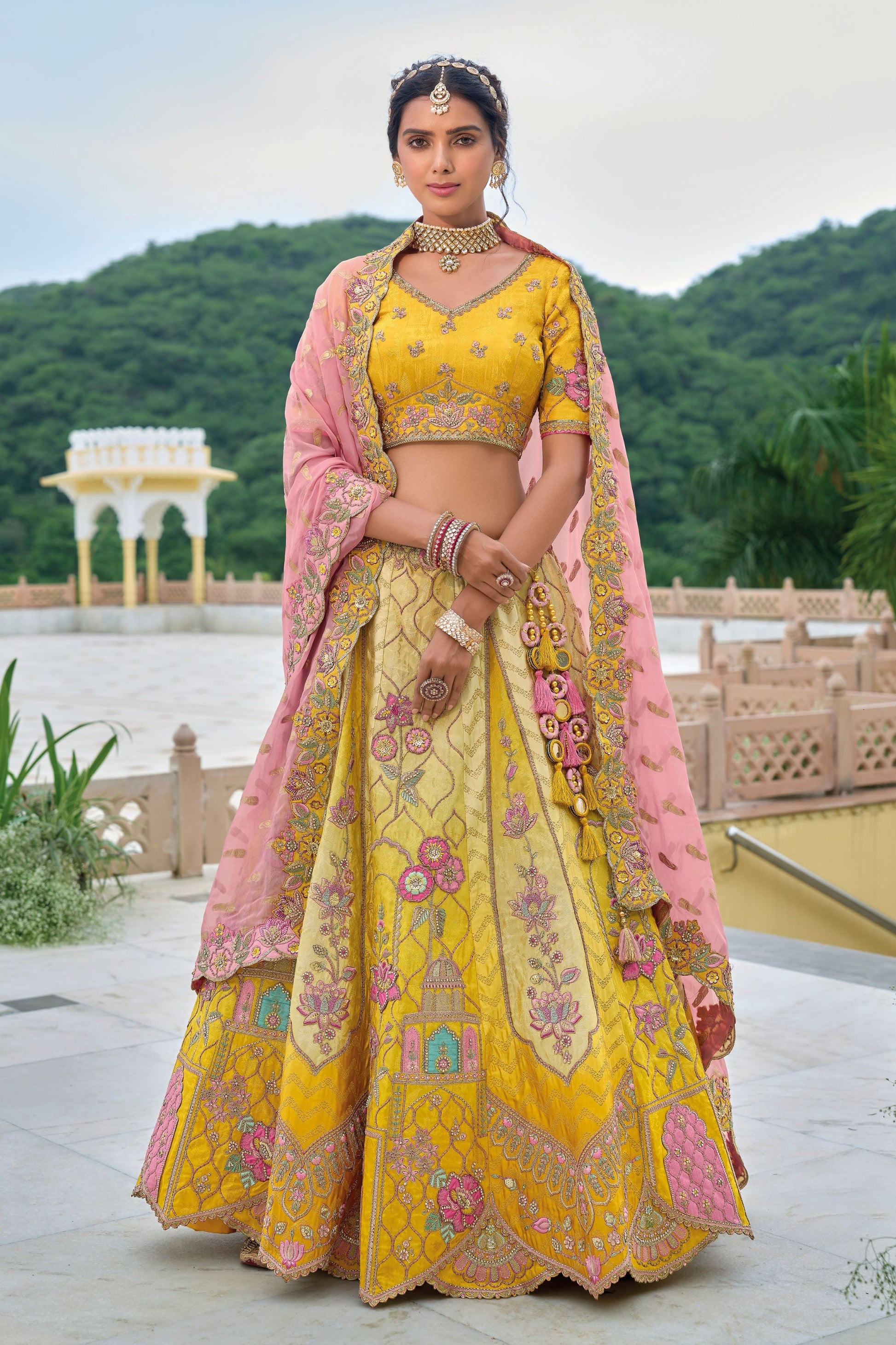 Yellow Colored Heavy Silk Lehenga, Un Stitched Blouse Piece With Pink Colored net Dupatta - Marriott Fashion