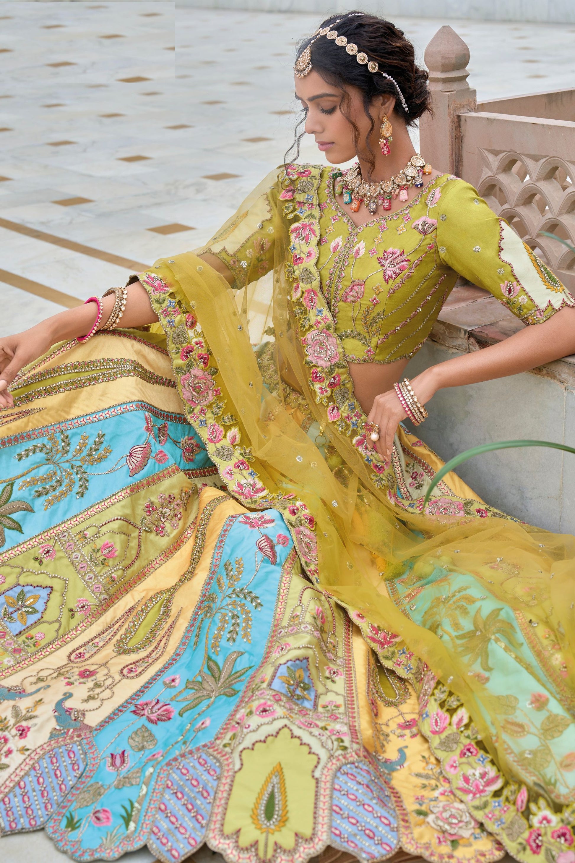 Yellow Colored Heavy Silk Lehenga, Un Stitched Blouse Piece With Pink Colored net Dupatta - Marriott Fashion