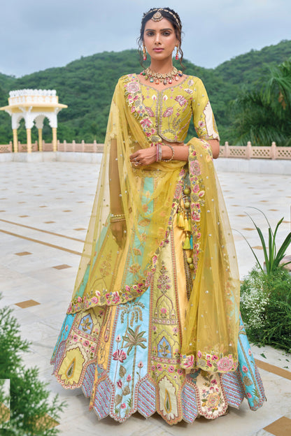 Yellow Colored Heavy Silk Lehenga, Un Stitched Blouse Piece With Pink Colored net Dupatta - Marriott Fashion