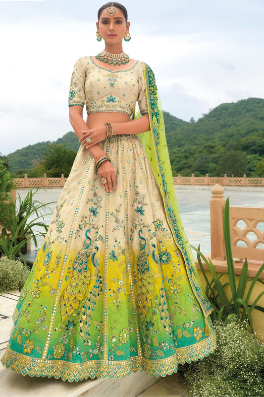 Lime Green Heavy Silk Heavy Embroidery & Khatli Worked Wedding & Festival Wear Lehenga Choli