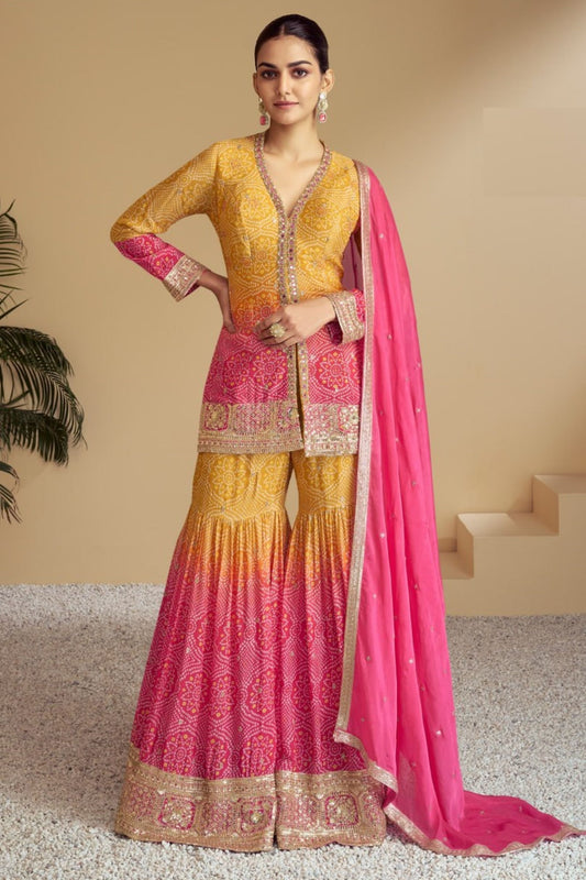 Yellow & Pink Two Shaded Embroidered Heavy Chinon Wedding& Festival Wear Salwar Kameez