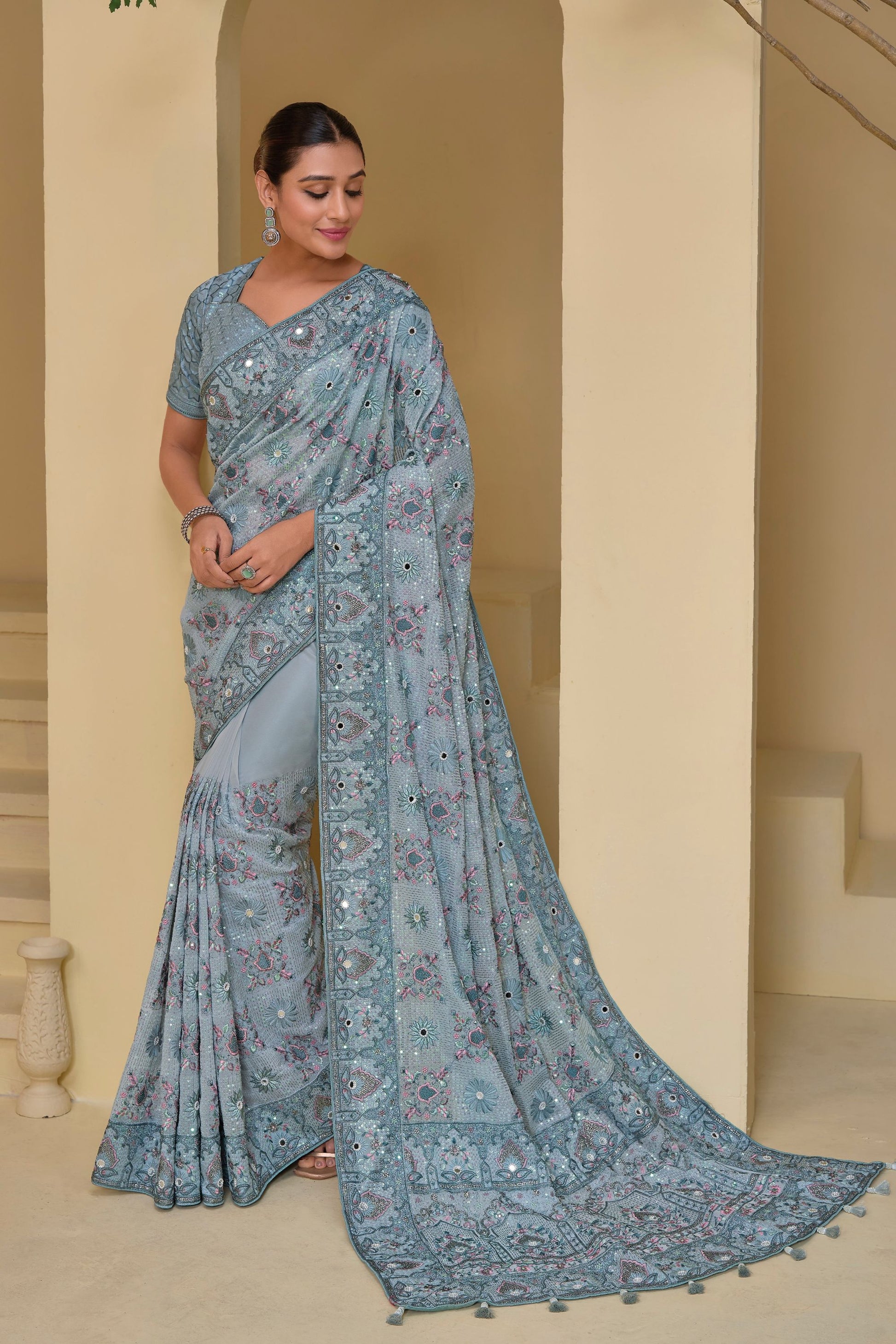 Most Beautiful Grey Heavy Silk Saree For Women With Blouse Piece, Reception Party Wear Mirror, Moti And Sequence Worked Saree - Marriott Fashion