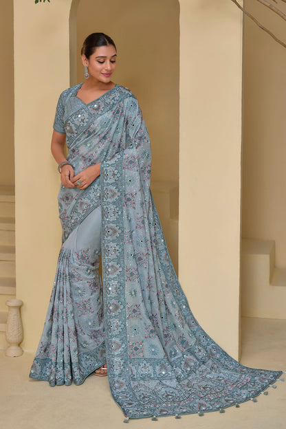 Most Beautiful Grey Heavy Silk Saree For Women With Blouse Piece, Reception Party Wear Mirror, Moti And Sequence Worked Saree - Marriott Fashion