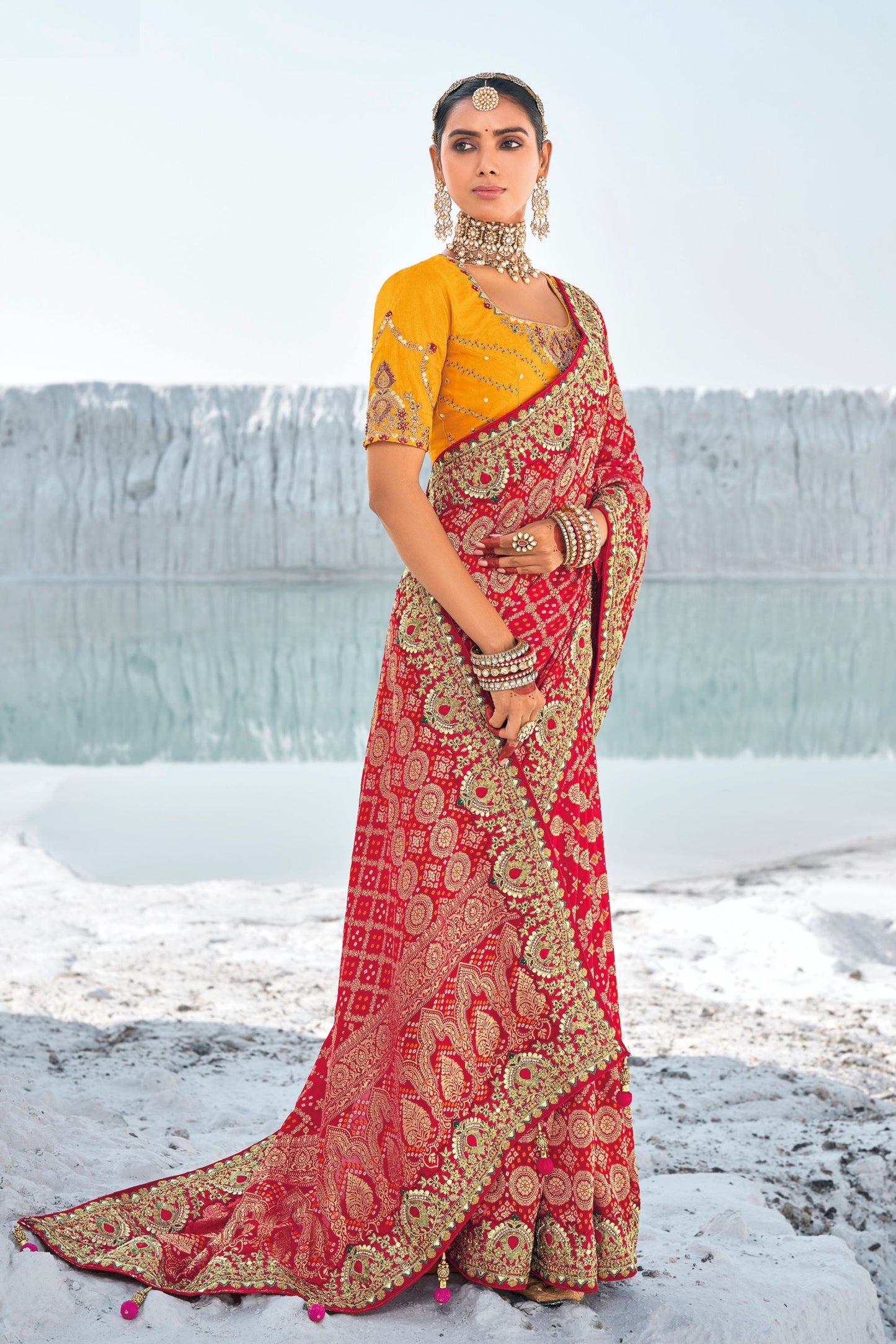 Red Pure Georgette Saree For Women With Silk Blouse Piece, Wedding Wear Badhani Printed & Embroidery Worked Saree - Marriott Fashion