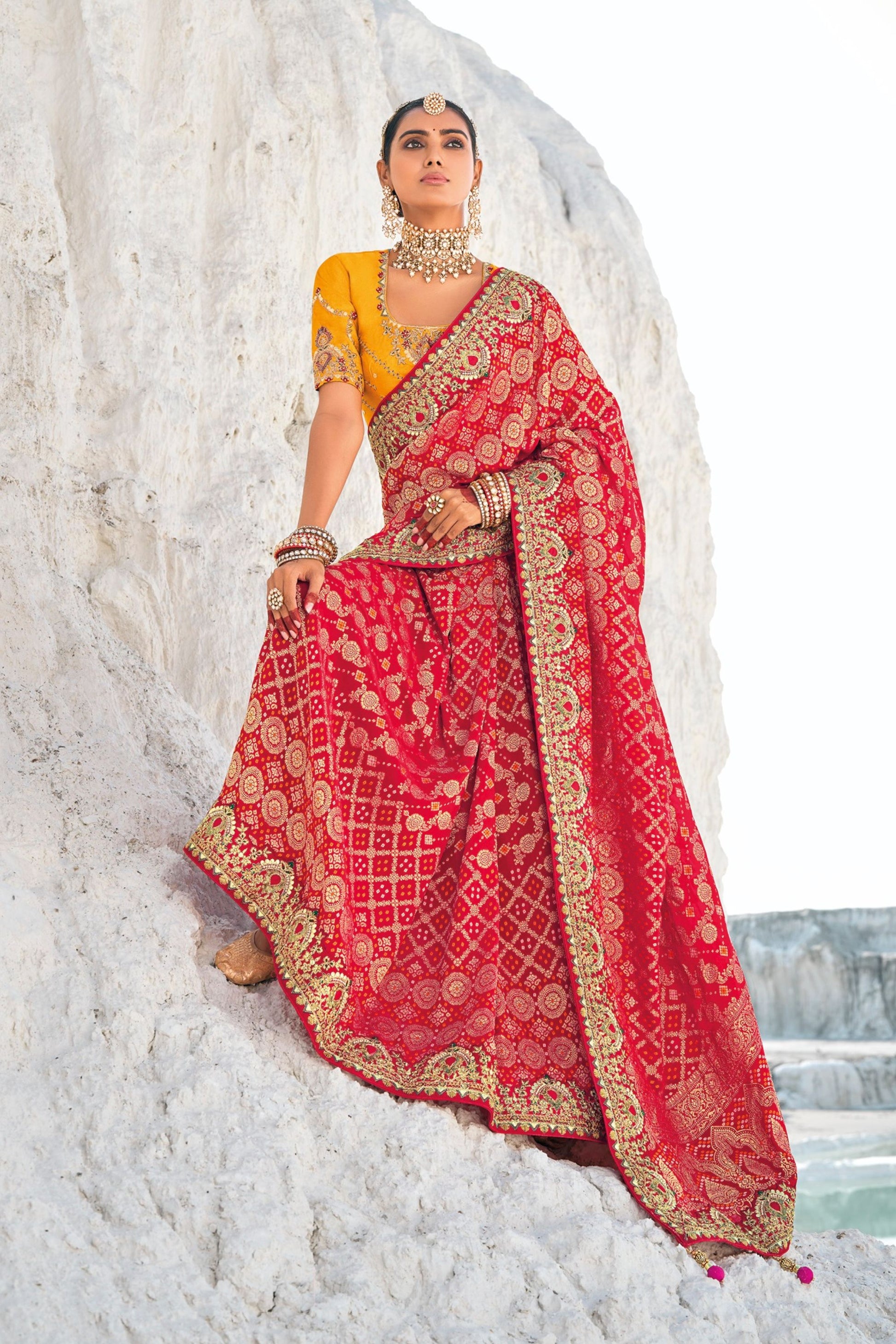 Red Pure Georgette Saree For Women With Silk Blouse Piece, Wedding Wear Badhani Printed & Embroidery Worked Saree - Marriott Fashion