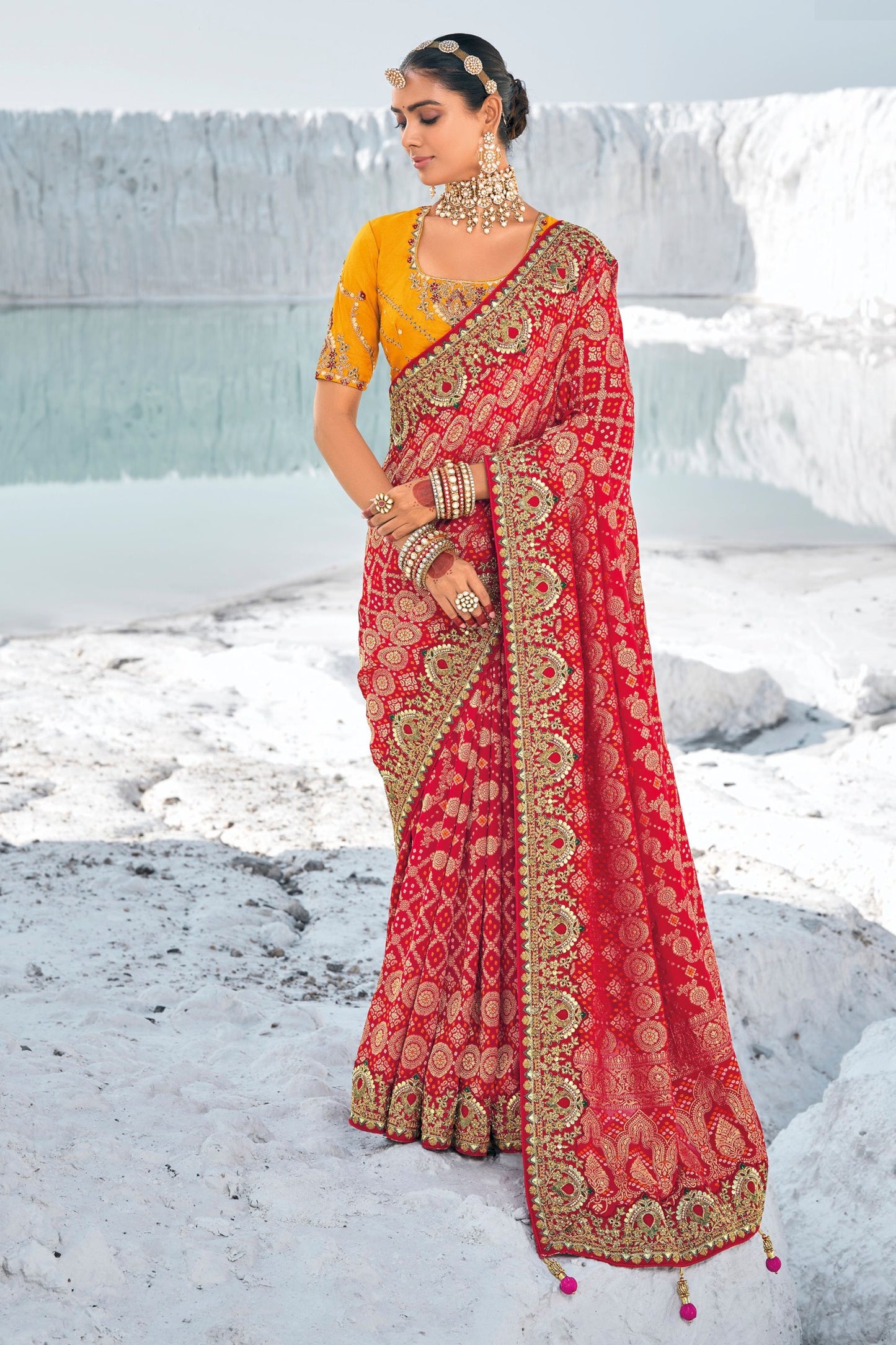 Red Pure Georgette Saree For Women With Silk Blouse Piece, Wedding Wear Badhani Printed & Embroidery Worked Saree - Marriott Fashion