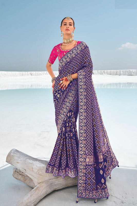 Purple Georgette Wedding Wear Saree With Moti & Cutdana Worked Blouse piece, Traditional Outfit Wear Saree - Marriott Fashion