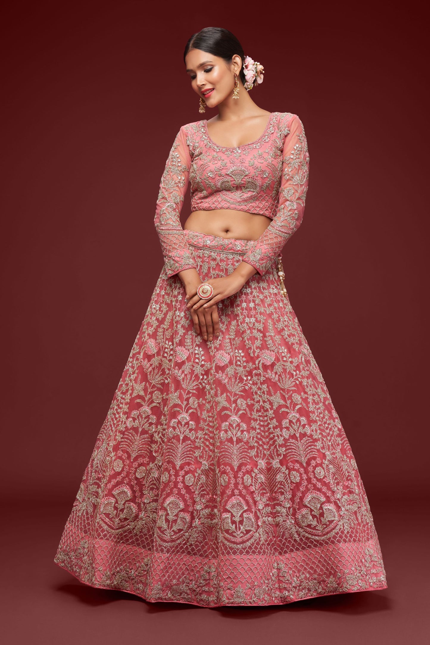 Pink Heavy Net Zari And Thread Worked Wedding & Festival Wear Lehenga Choli