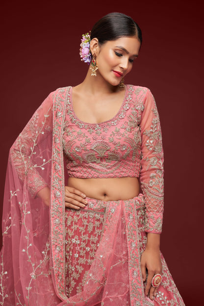 Pink Heavy Net Zari And Thread Worked Wedding & Festival Wear Lehenga Choli